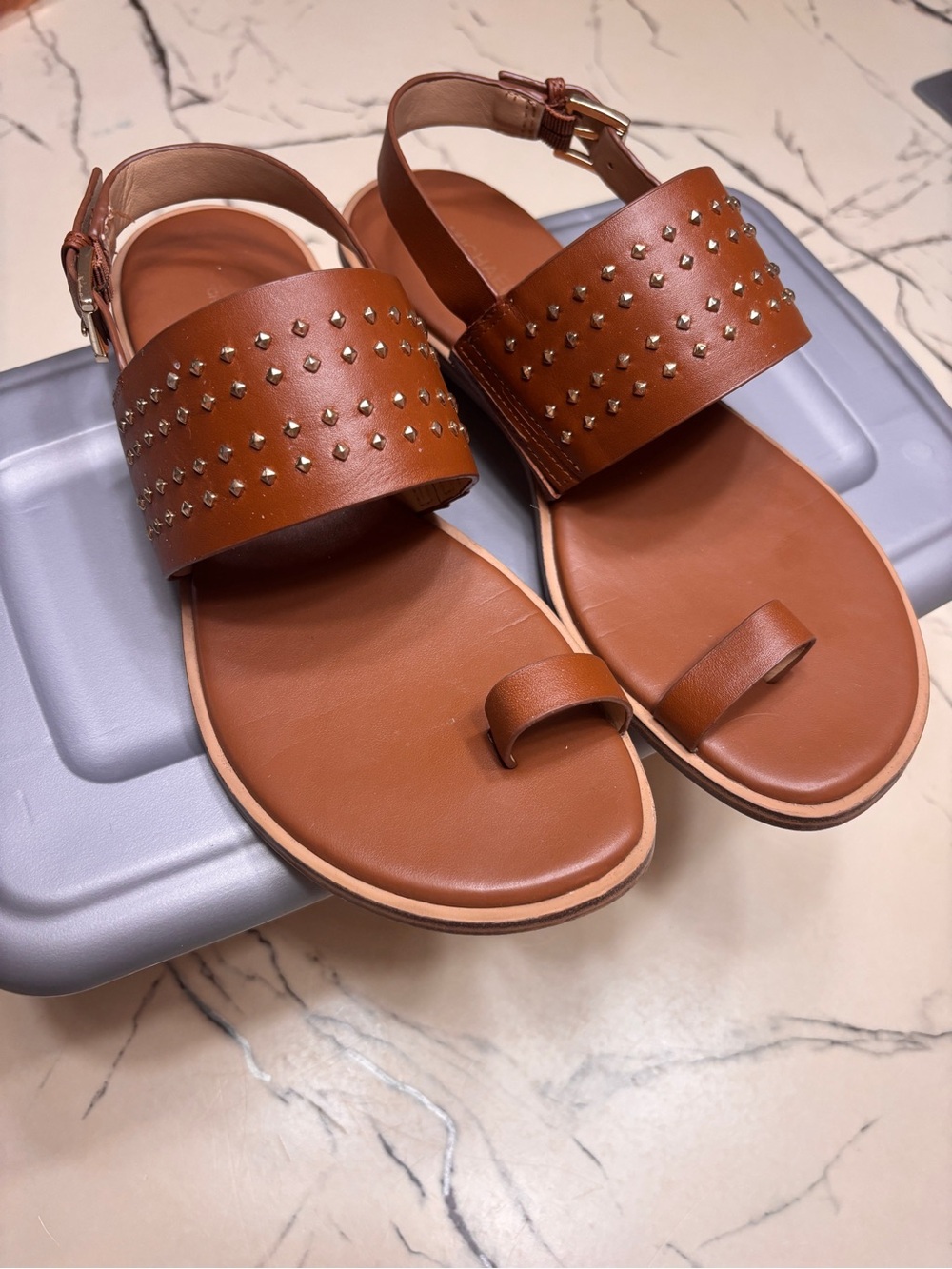 Michael Kors Tan Leather Studded Toe-Loop Sandals